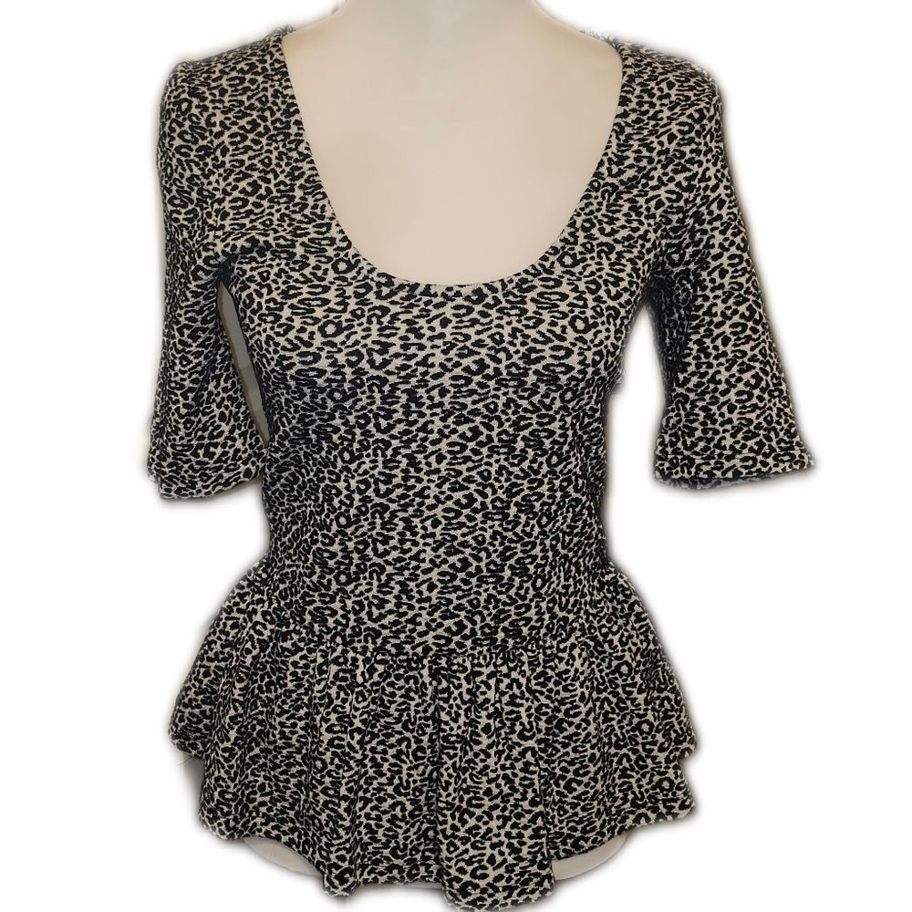 Maeve NWT Leopard Print Peplum Top, Scoop Neck, 3/4 Sleeves, S